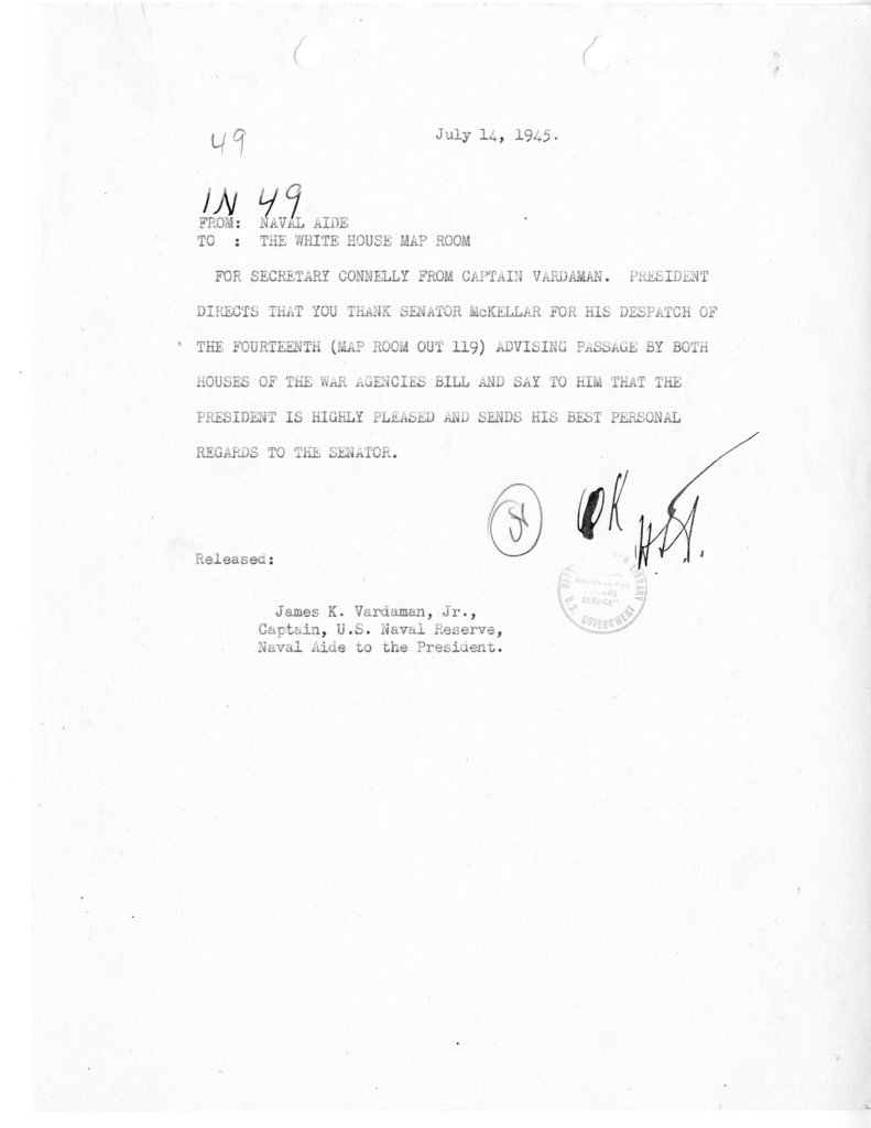 Telegram from the Naval Aide to the President to the Map Room [IN-49]
