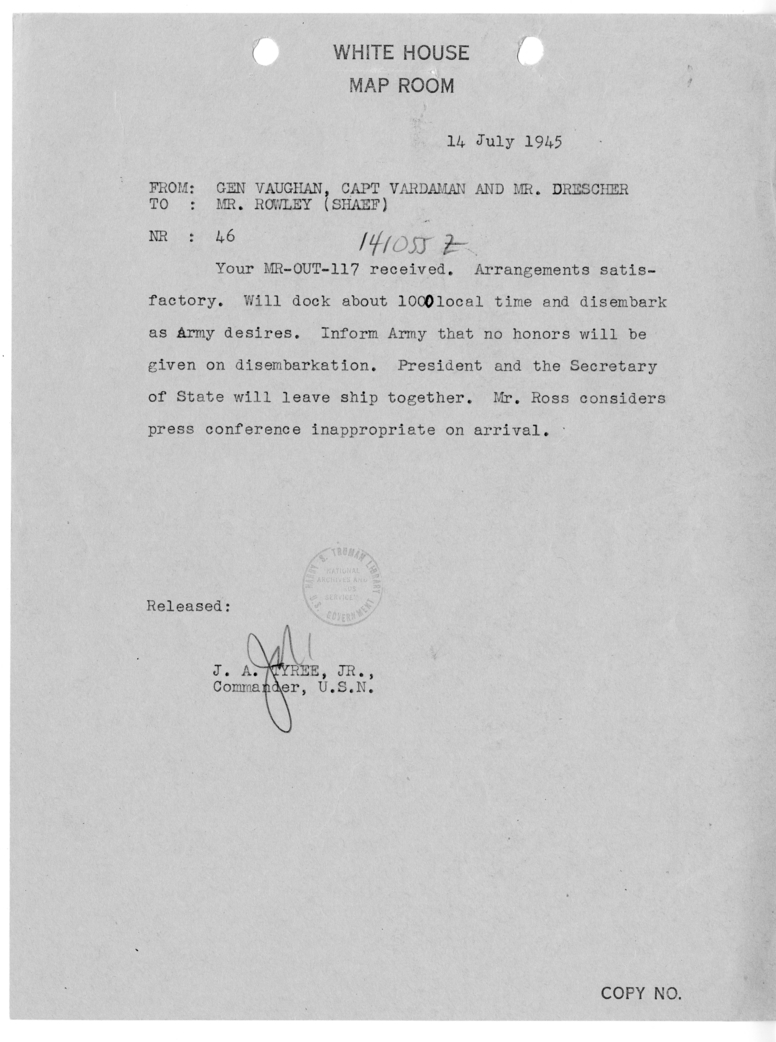 Telegram from Brigadier General Harry Vaughan, Captain James Vardaman, and George Drescher to James Rowley [46]