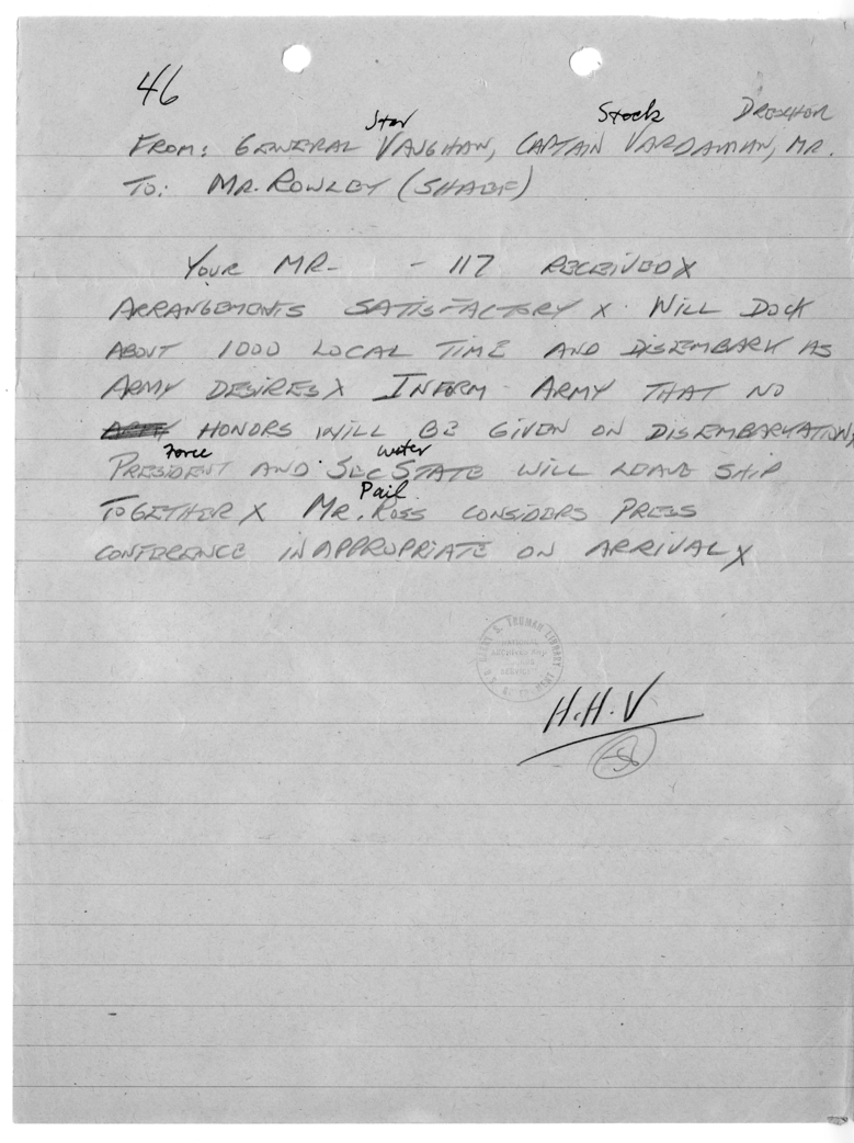 Handwritten Note from General Harry H. Vaughan, Captain Vardaman and George C. Drescher to James J. Rowley