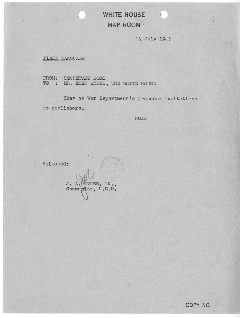 Telegram from Secretary Charles G. Ross to Eben Ayers