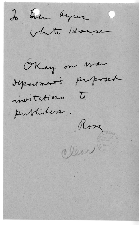 Handwritten Note from Secretary Charles G. Ross to Eben A. Ayers