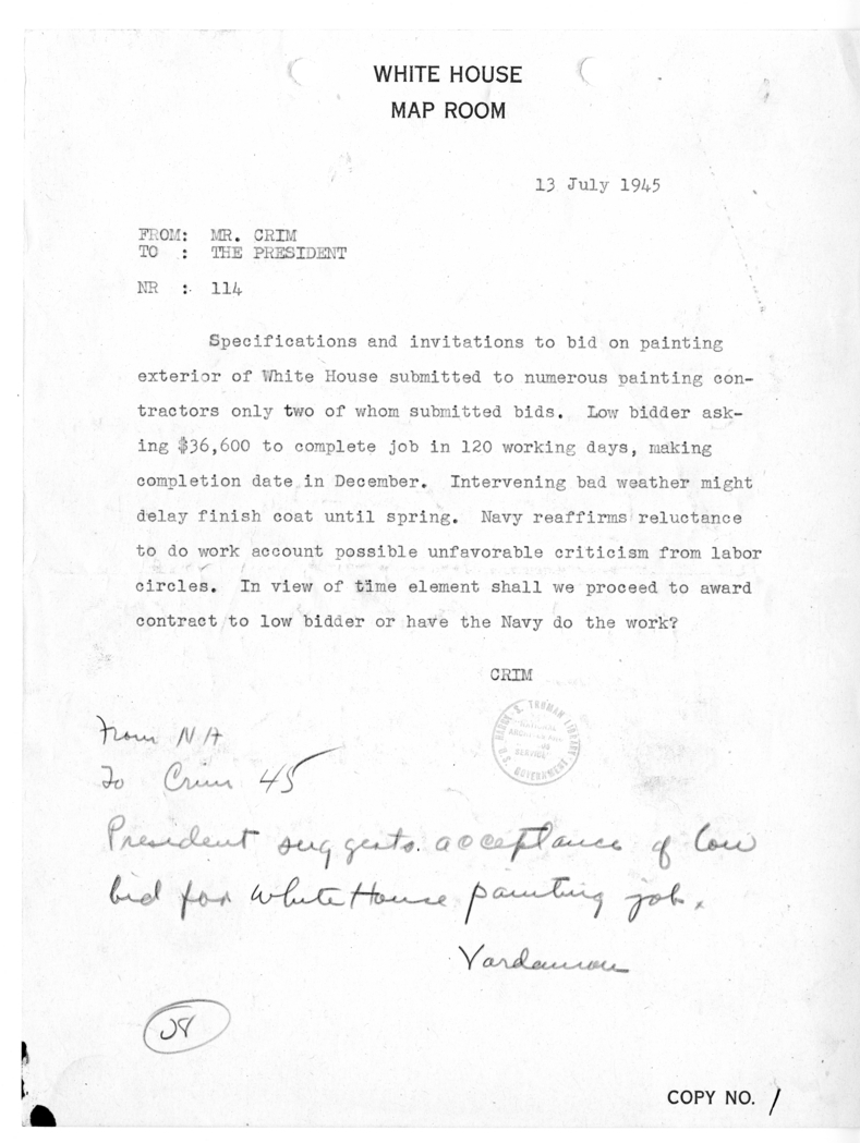 Telegram from Howell Crim to President Harry S. Truman [114]