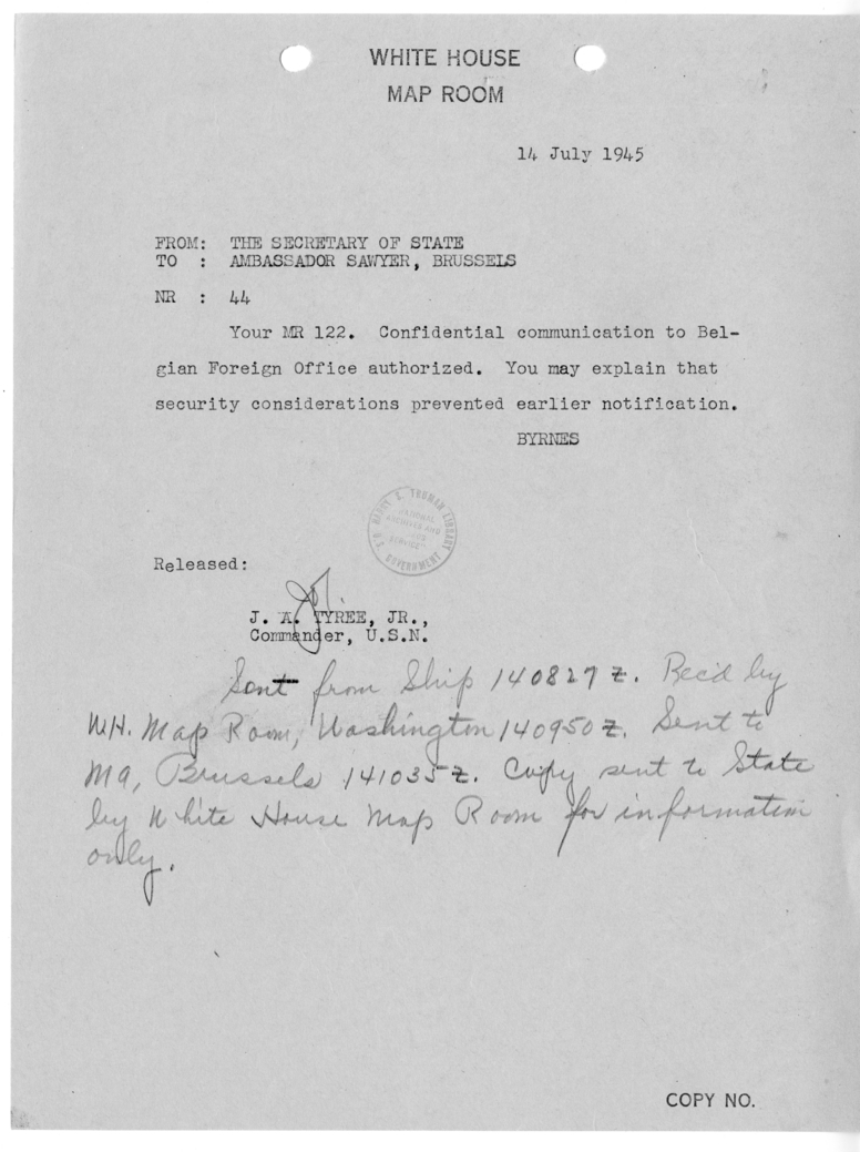 Telegram from Secretary of State James Byrnes to Ambassador Charles Sawyer [44]