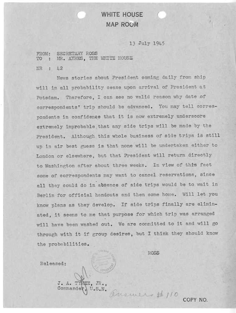 Telegram from Secretary Charles G. Ross to Eben A. Ayers [42]