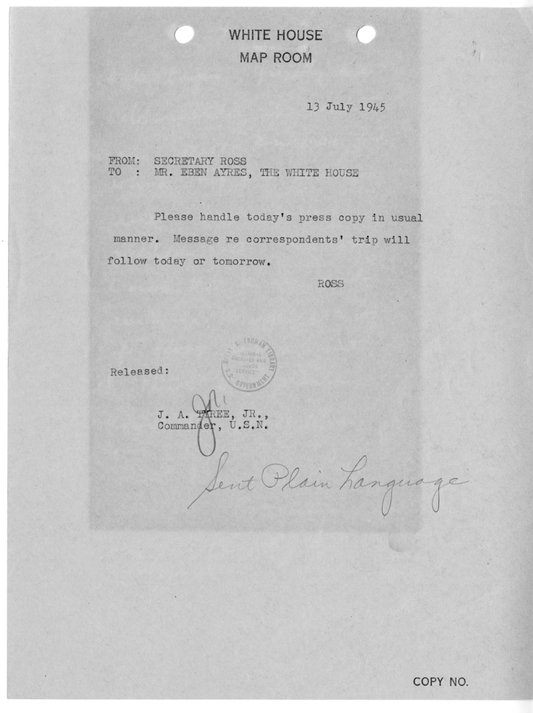 Telegram from Charles Ross to Eben Ayers