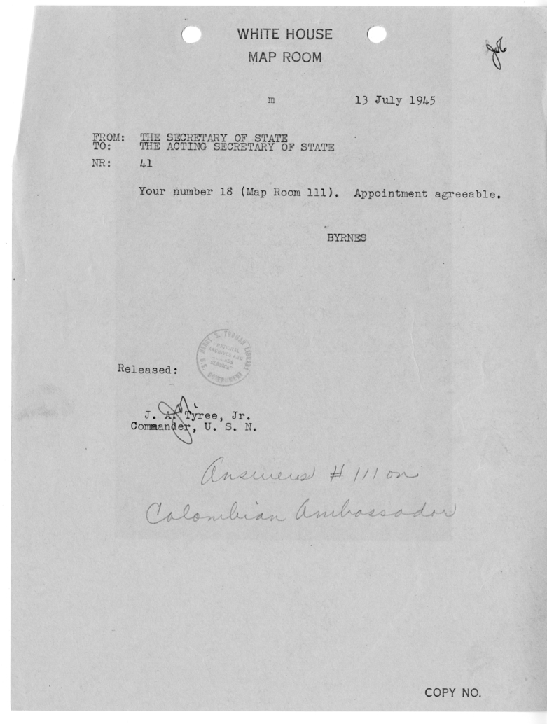 Telegram from Secretary of State James Byrnes to Acting Secretary of State Joseph Grew [41]