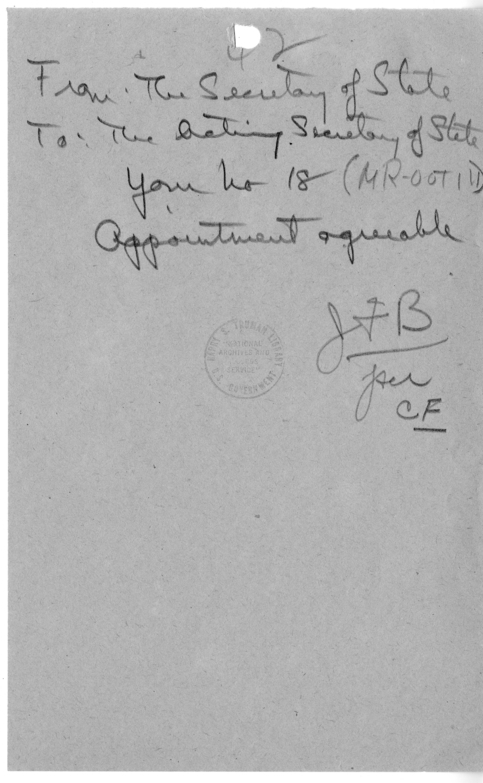 Handwritten Note Telegram from Secretary of State James Byrnes to Acting Secretary of State Joseph Grew