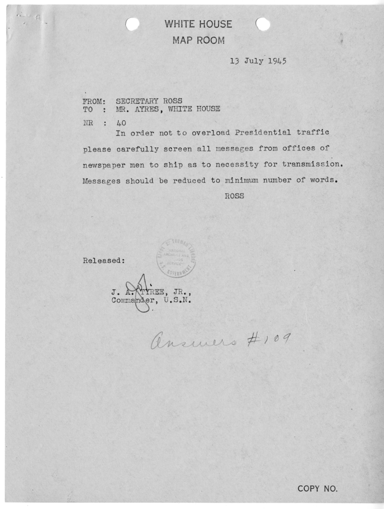 Telegram from Secretary Charles G. Ross to Eben A. Ayers [40]