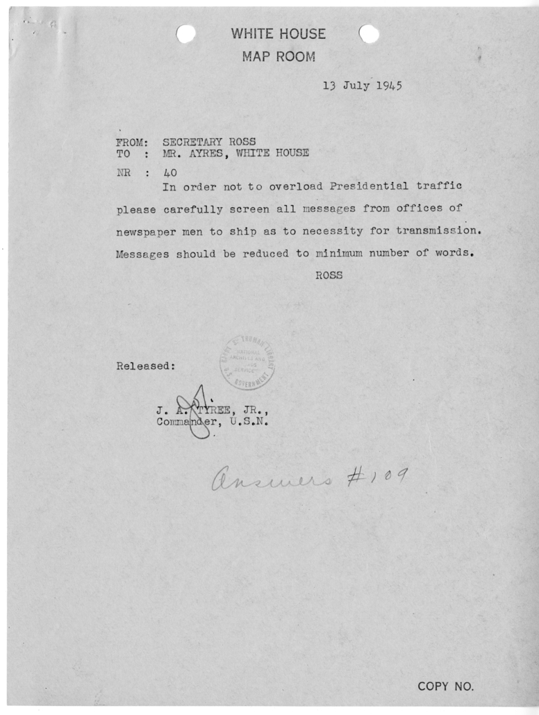 Telegram from Secretary Charles G. Ross to Eben A. Ayers [40]