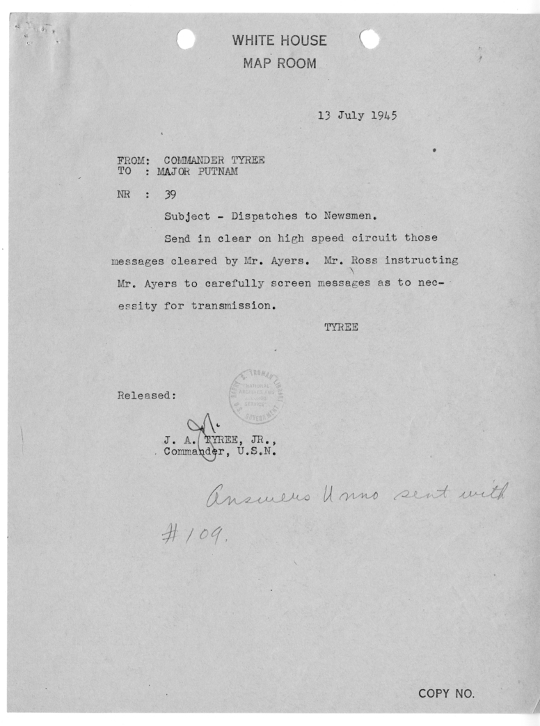 Telegram from Commander John A. Tyree to Major Putnam [39]