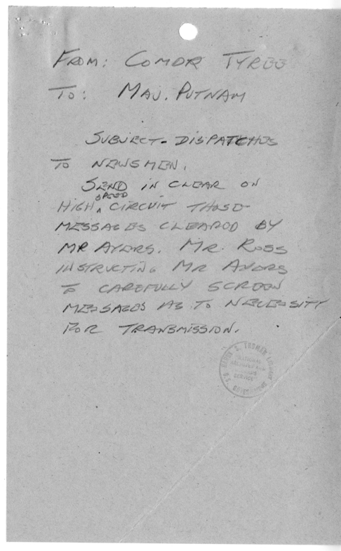 Telegram from Commander John A. Tyree to Major Putnam [39]