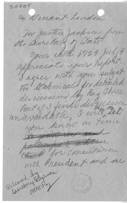 Handwritten Note from Secretary of State James Byrnes to Justice Robert Jackson