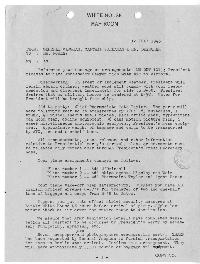 Telegram from Brigadier General Harry Vaughan, Captain James Vardaman, and George Drescher to James Rowley [37]
