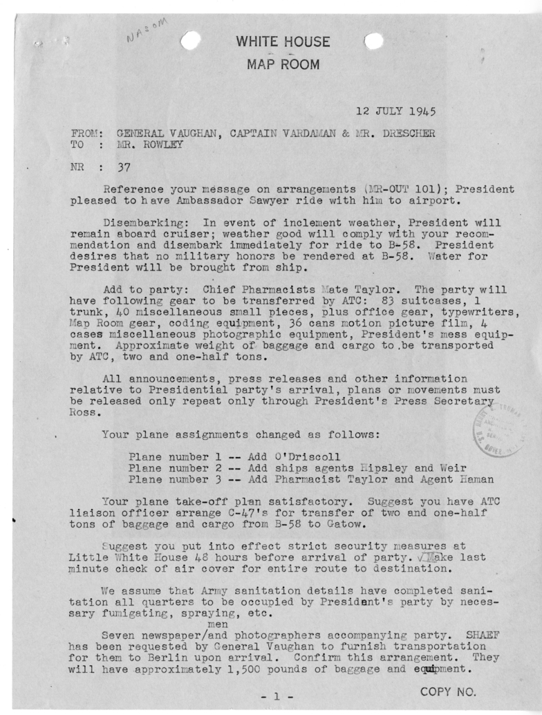 Telegram from Brigadier General Harry Vaughan, Captain James Vardaman, and George Drescher to James Rowley [37]