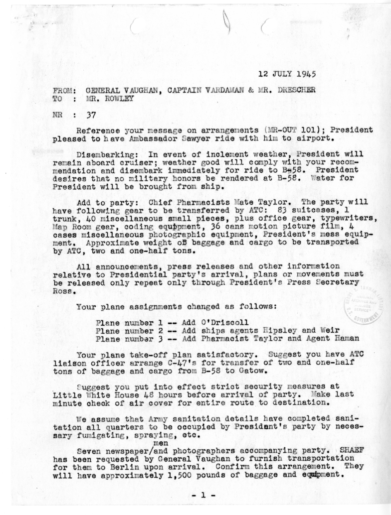 Telegram from General Harry H. Vaughan, Captain James K. Vardaman and George C. Drescher to James J. Rowley [37]