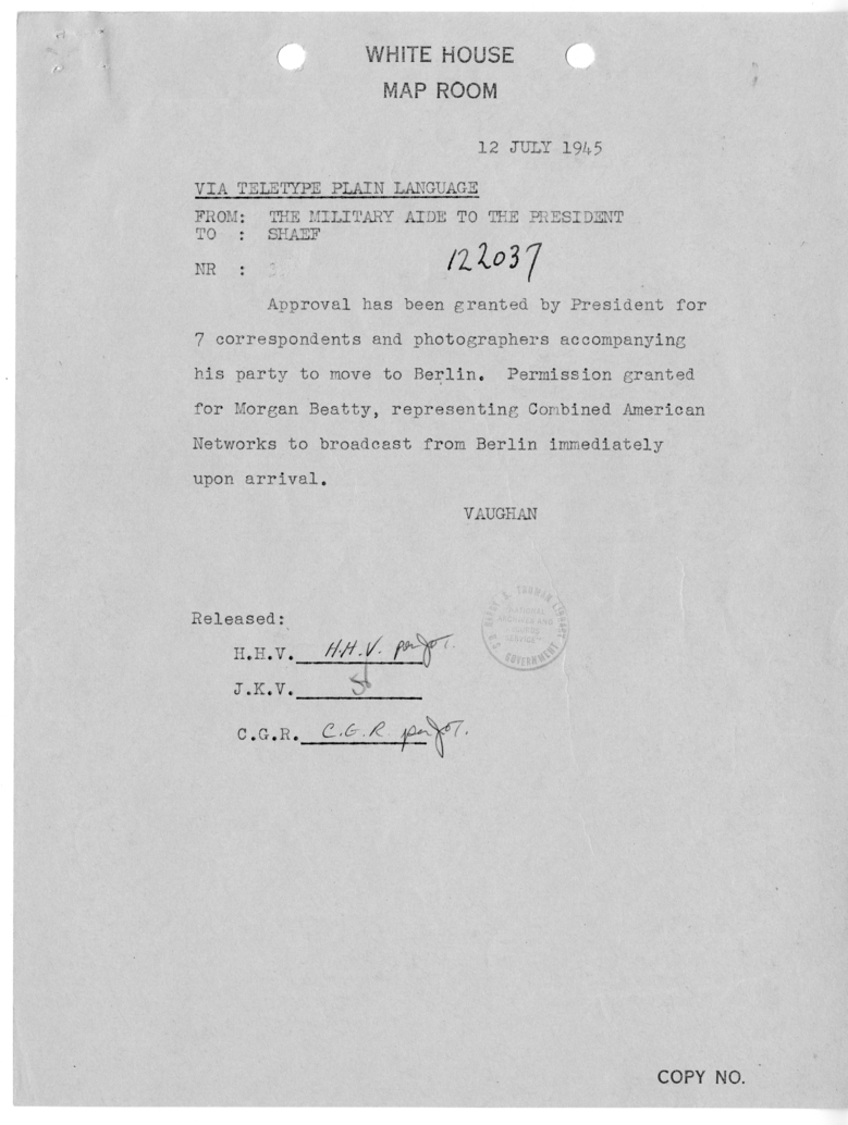 Telegram from the Military Aide to the President to Supreme Headquarters Allied Expeditionary Force