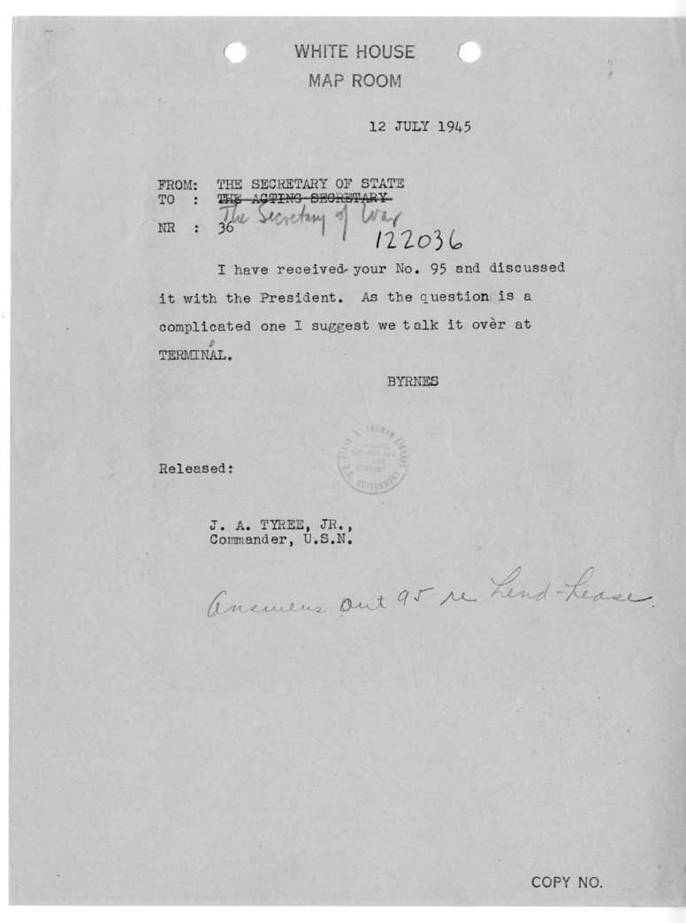 Telegram from Secretary of State James Byrnes to Secretary of War Henry Stimson