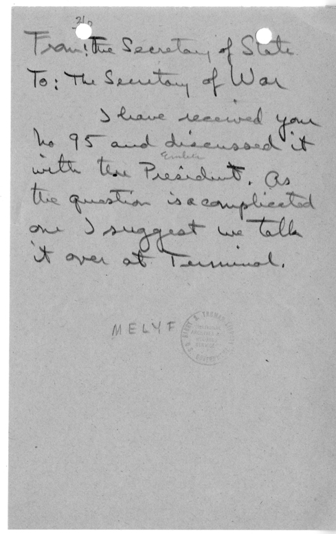 Handwritten Note from Secretary of State James Byrnes to the Secretary of War