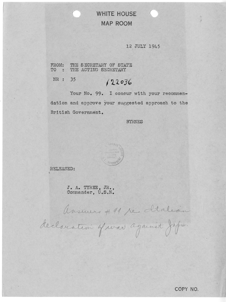 Telegram from Secretary of State James Byrnes to Acting Secretary of State Joseph Grew [35]
