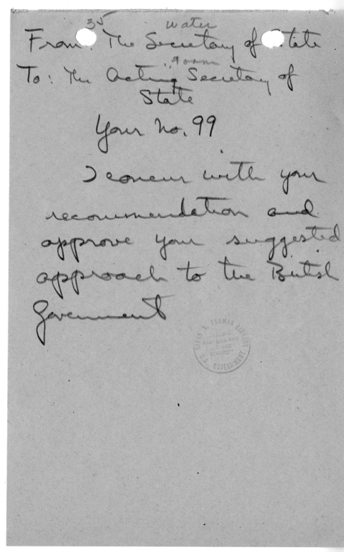 Handwritten Note from Secretary of State James Byrnes to Acting Secretary of State Joseph Grew