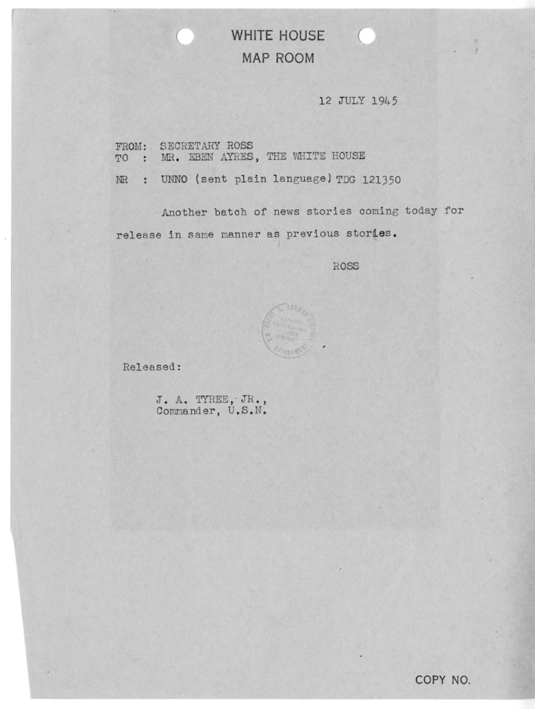 Telegram from Secretary Charles G. Ross to Eben A. Ayers