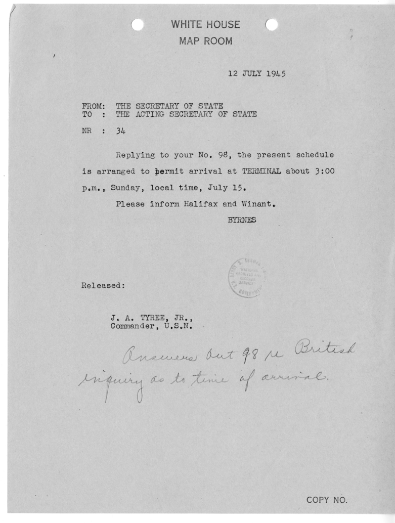 Telegram from Secretary of State James Byrnes to Acting Secretary of State Joseph Grew [34]