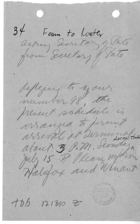 Handwritten Note from the Acting Secretary of State Joseph Grew to Secretary of State James Byrnes
