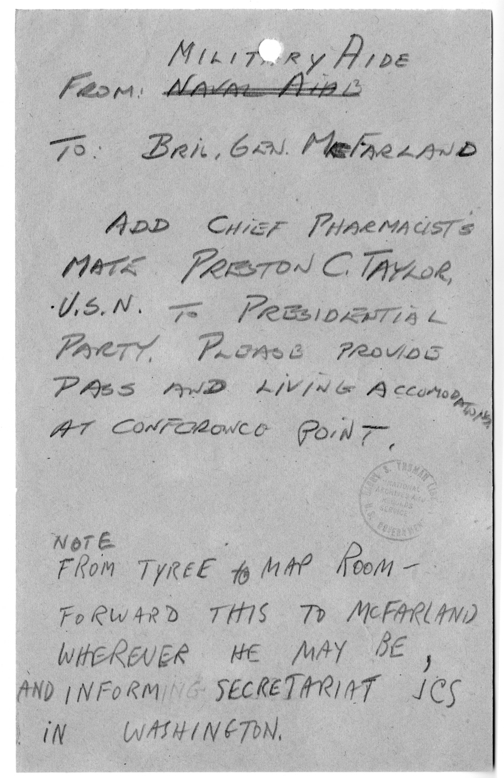 Telegram from Military Aide General Harry Vaughan to Brigadier General McFarland