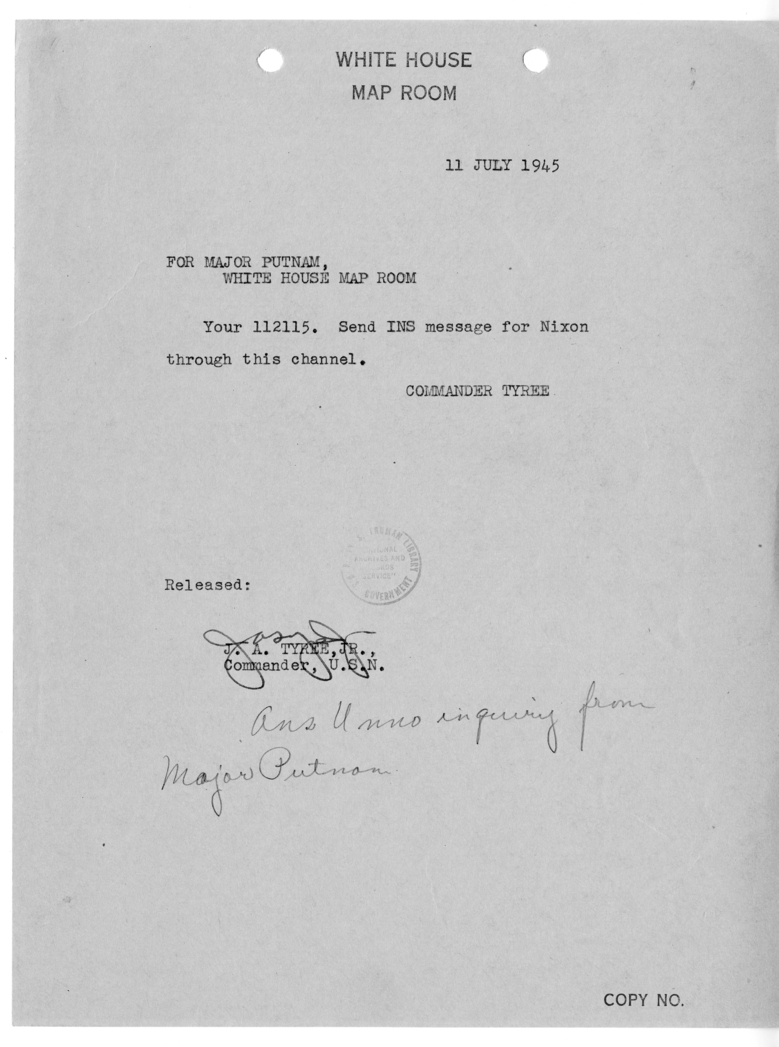 Telegram from Commander John A. Tyree to Major Putnam