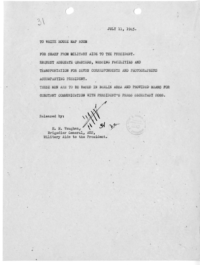 Telegram from Brigadier General Harry Vaughan to Supreme Headquarters, Allied Expeditionary Forces