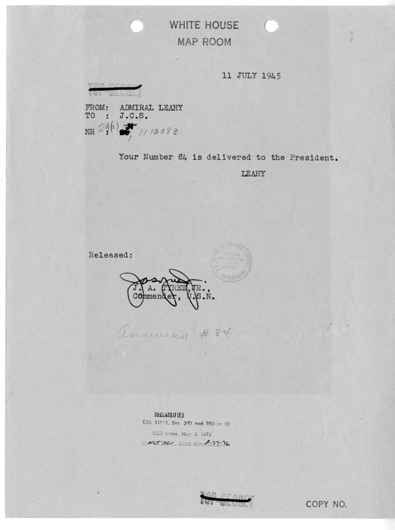 Telegram from Admiral William D. Leahy to the Joint Chiefs of Staff