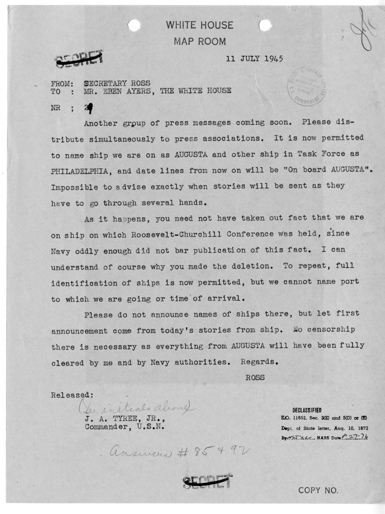 Telegram from Charles Ross to Eben Ayers