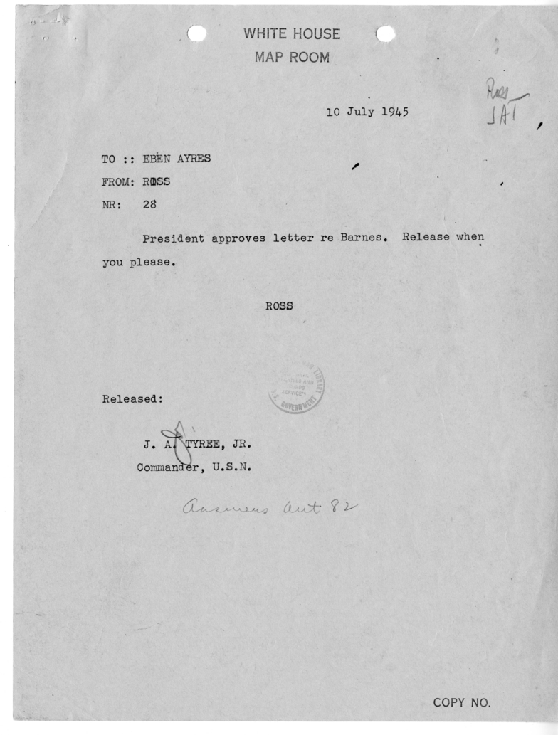 Telegram from Charles Ross to Eben Ayers [28]