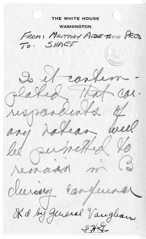 Handwritten Note from the Military Aide to the President to the Supreme Headquarters, Allied Expeditionary Forces