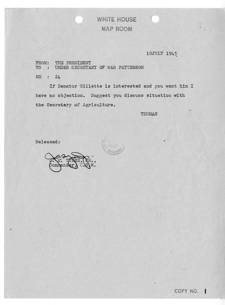 Telegram from President Harry S. Truman to Under Secretary of War Robert Patterson [24]