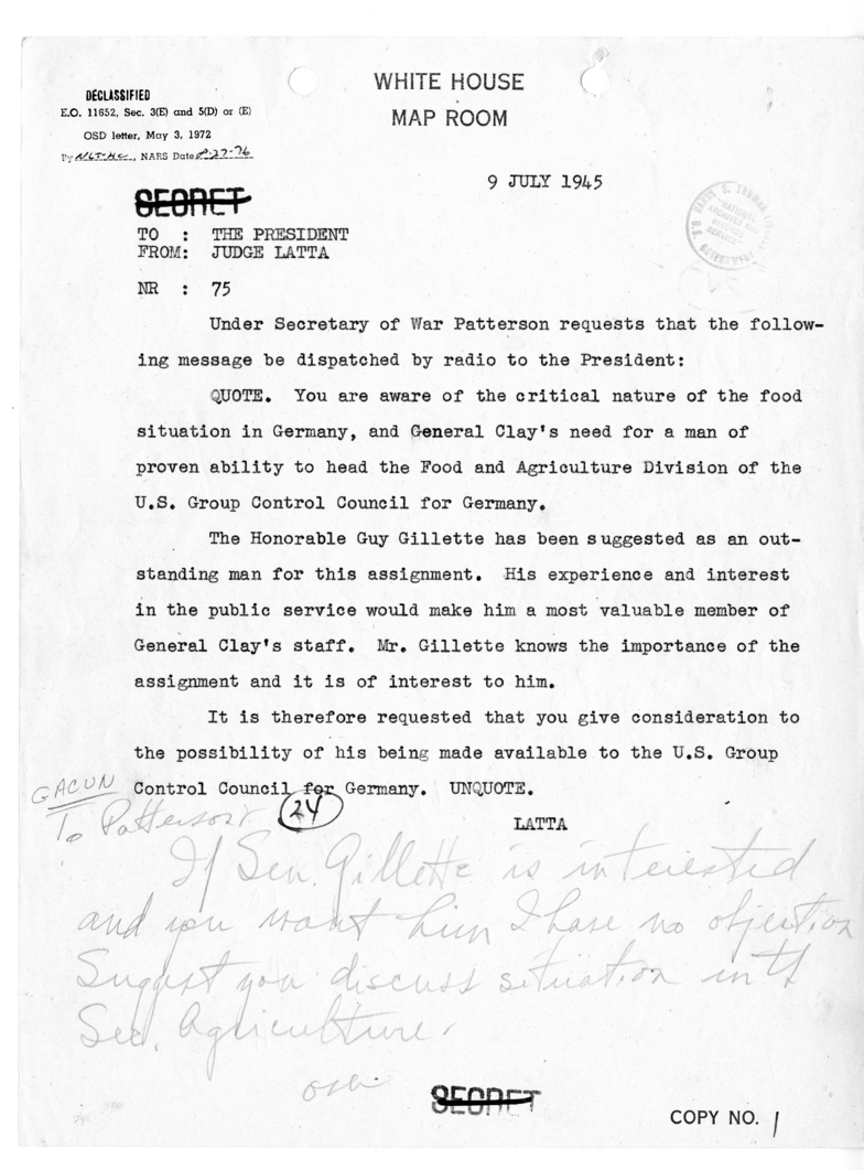 Telegram from President Harry S. Truman to Judge Maurice Latta [75]