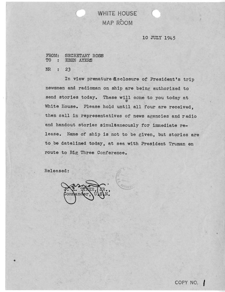 Telegram from Secretary Charles G. Ross to Eben A. Ayers [23]