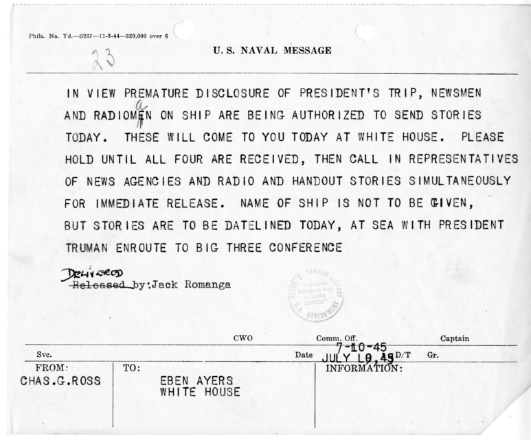 Telegram from Secretary Charles G. Ross to Eben A. Ayers