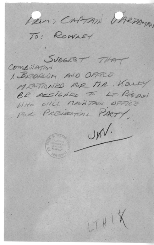 Handwritten Note from Captain James Vardaman to James Rowley