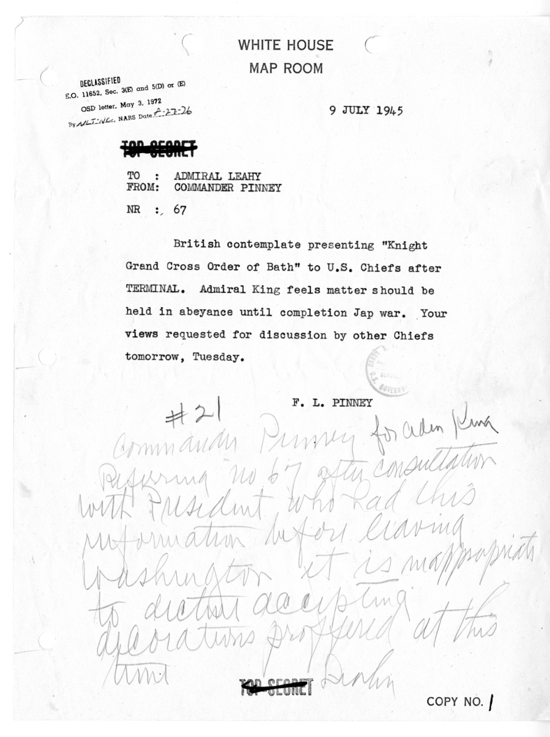 Telegram from Admiral William Leahy to Commander Pinney [67]