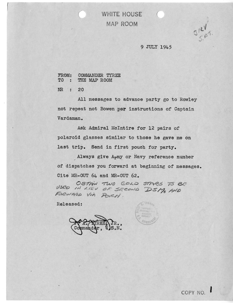 Telegram from Commander John A. Tyree to the White House Map Room [20]
