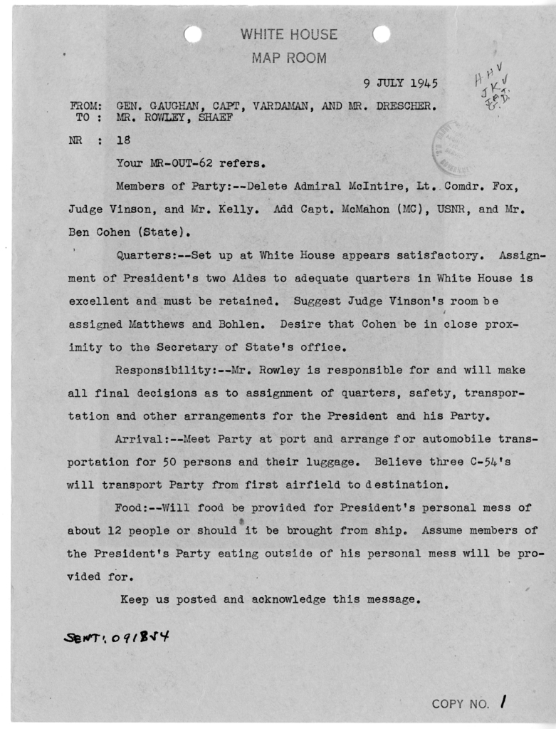 Telegram from General Harry Vaughan, Captain James Vardaman, and George Drescher to James Rowley [18]