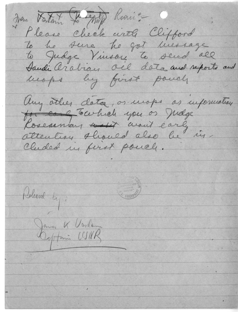 Handwritten Draft Telegram from Captain James Vardaman to the Map Room