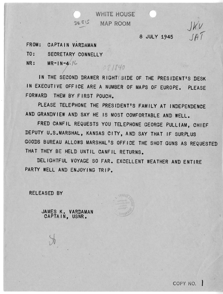 Telegram from Captain James K. Vardaman to Matthew Connelly [MR-IN-16]