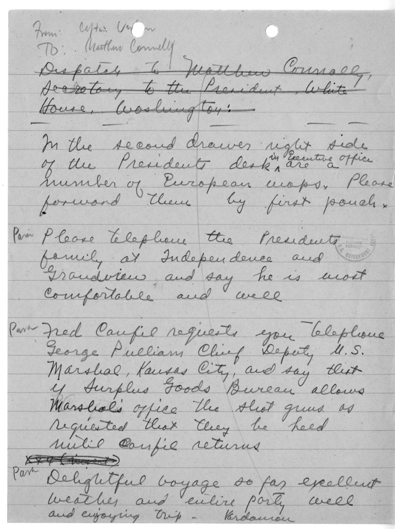 Handwritten Note from Captain James K. Vardaman to Matthew J. Connelly