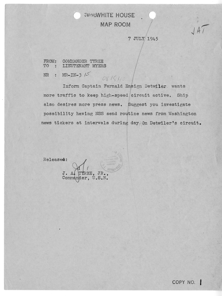 Telegram from Commander John A. Tyree to Lieutenant Myers [MR-IN-3]