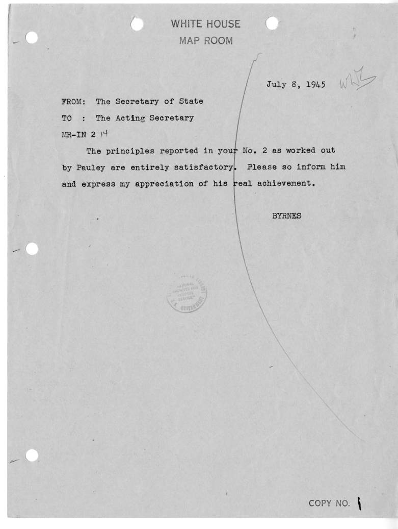 Telegram from Secretary of State James Byrnes to Acting Secretary of State Joseph Grew [MR-IN-2]