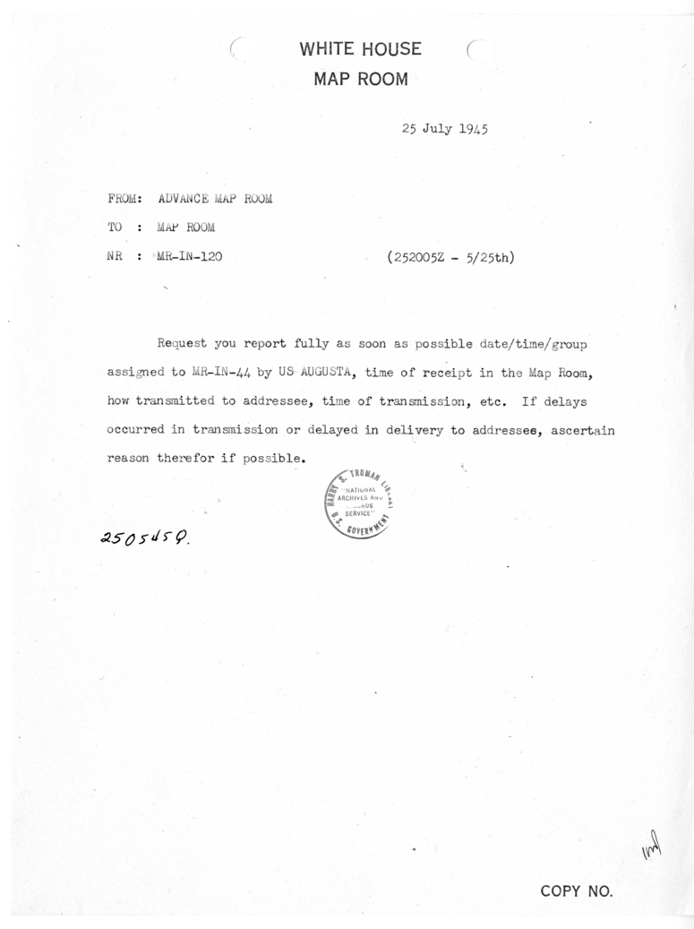 Memorandum from Advance Map Room to the White House Map Room [MR-IN-120]