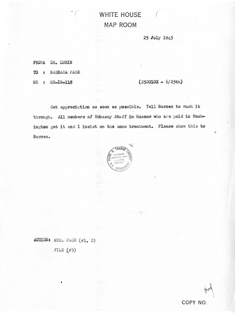 Telegram from Dr. Isador Lubin to Barbara Page [MR-IN-118]