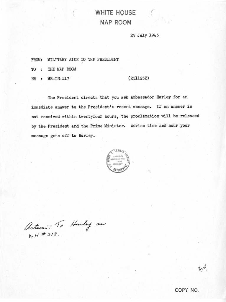 Memorandum from Brigadier General Harry Vaughan to the White House Map Room [MR-IN-117]
